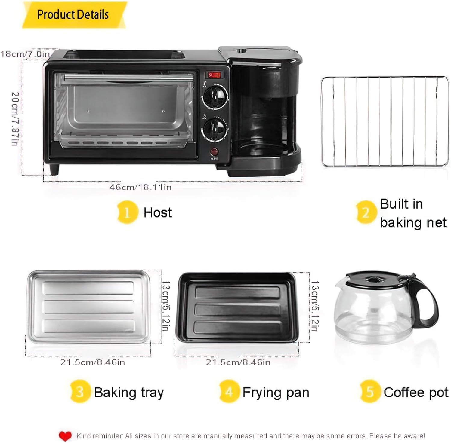 3-in-1 Breakfast Machine Multifunctional Household Sandwich Breakfast Machine with Toaster Oven, Coffee Maker & Non-Stick Griddle with Timer for Bread, Coffee, Eggs, Bacon