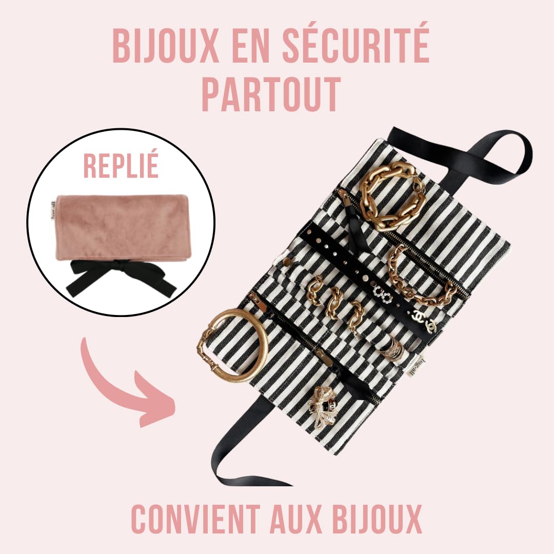 Bag-all Trousse Bijoux Femme | Organiseur Bijoux de Voyage & Maison | Pochette Compacte avec Poches Zippées, Porte-Bagues & Boucles d’Oreilles | Velours Recyclé | Velours rose