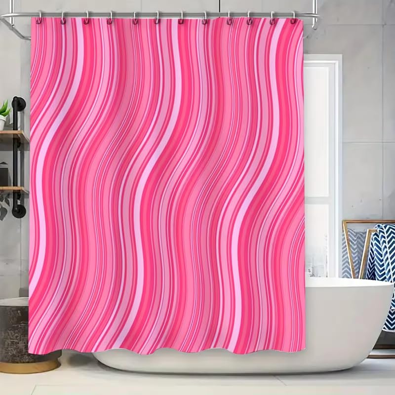 Cortina de Ducha 240X200 Rosa con Rayas Onduladas - Cortina de Baño Moderna con Degradado Vertical Y Ganchos - Cortina de Baño Rosa Boho Impermeable de Secado Rápido