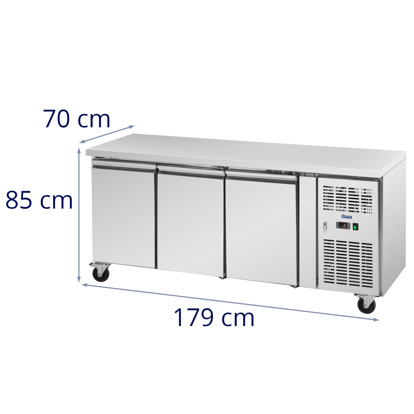 Royal Catering Mesa Refrigerada de 410 L y 179,5 x 70 cm con Ruedas y 3 Compartimentos Clase B en Acero Inoxidable Bajomostrador con refrigeración Mostrador refrigerado para hostelería