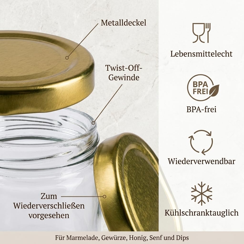 gouveo Zestaw 24 słoików na przetwory 100 ml, okrągłe, z zakręcanymi pokrywkami, w kolorze złotym – małe słoiki na zapasy z nakrętką – słoiki zakręcane do gotowania i przechowywania