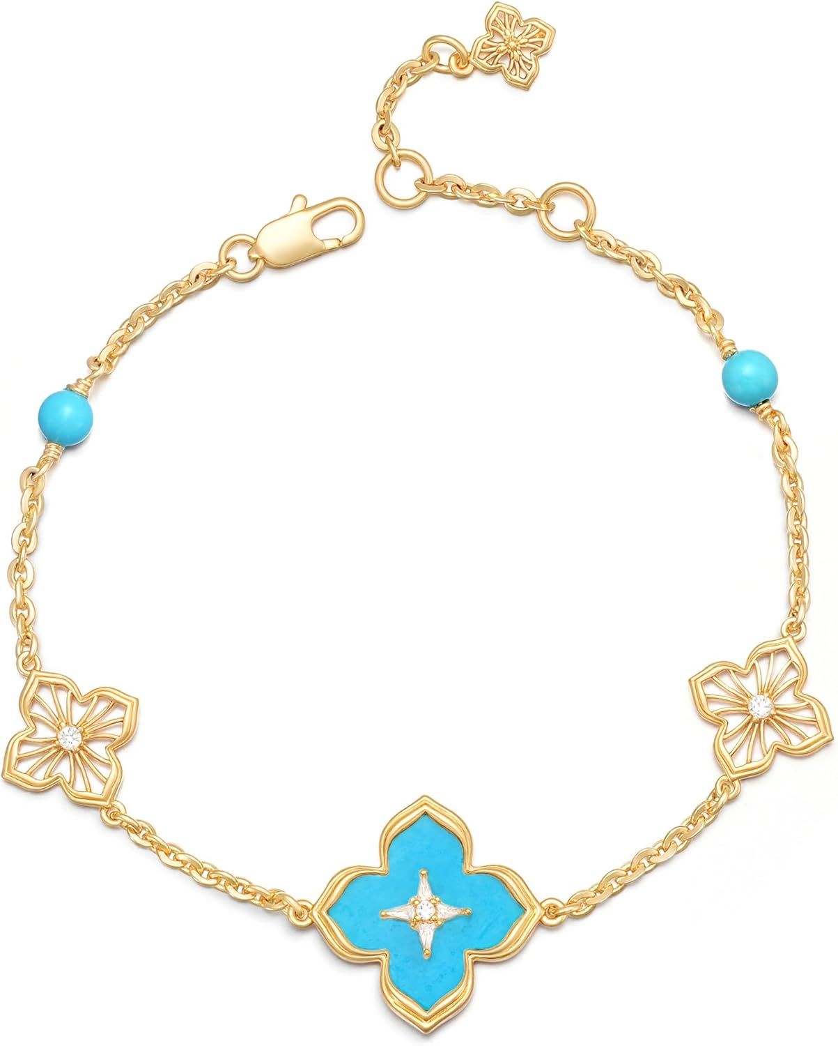 MYEARS Women Bracelet Gold Clover Flower Bead Sideways Charm Cubic Zirconia 14K Dainty Simple Thick Chain Everyday Trendy Lucky Jewelry