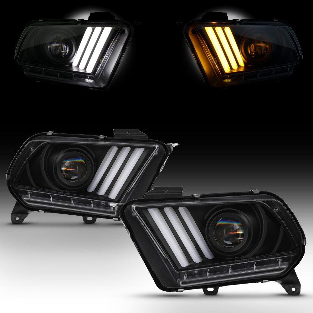AKKON - For 2010-2014 Ford Mustang Tube LED Daytime Running Lamp Bar w/Sequential Turn Signals Projector Black Headlights Pair