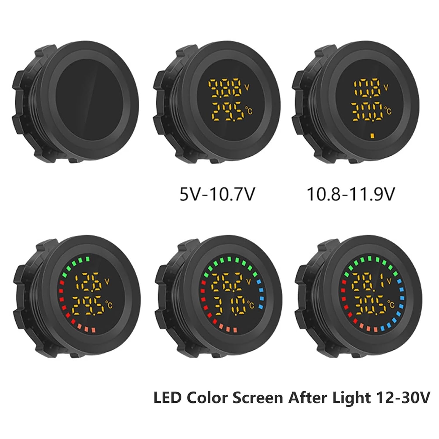 12-24V Car Round Color Screen Temperature Voltmeter Auto Voltage Test Dual Display Digital Measurement for Motorcycle RV