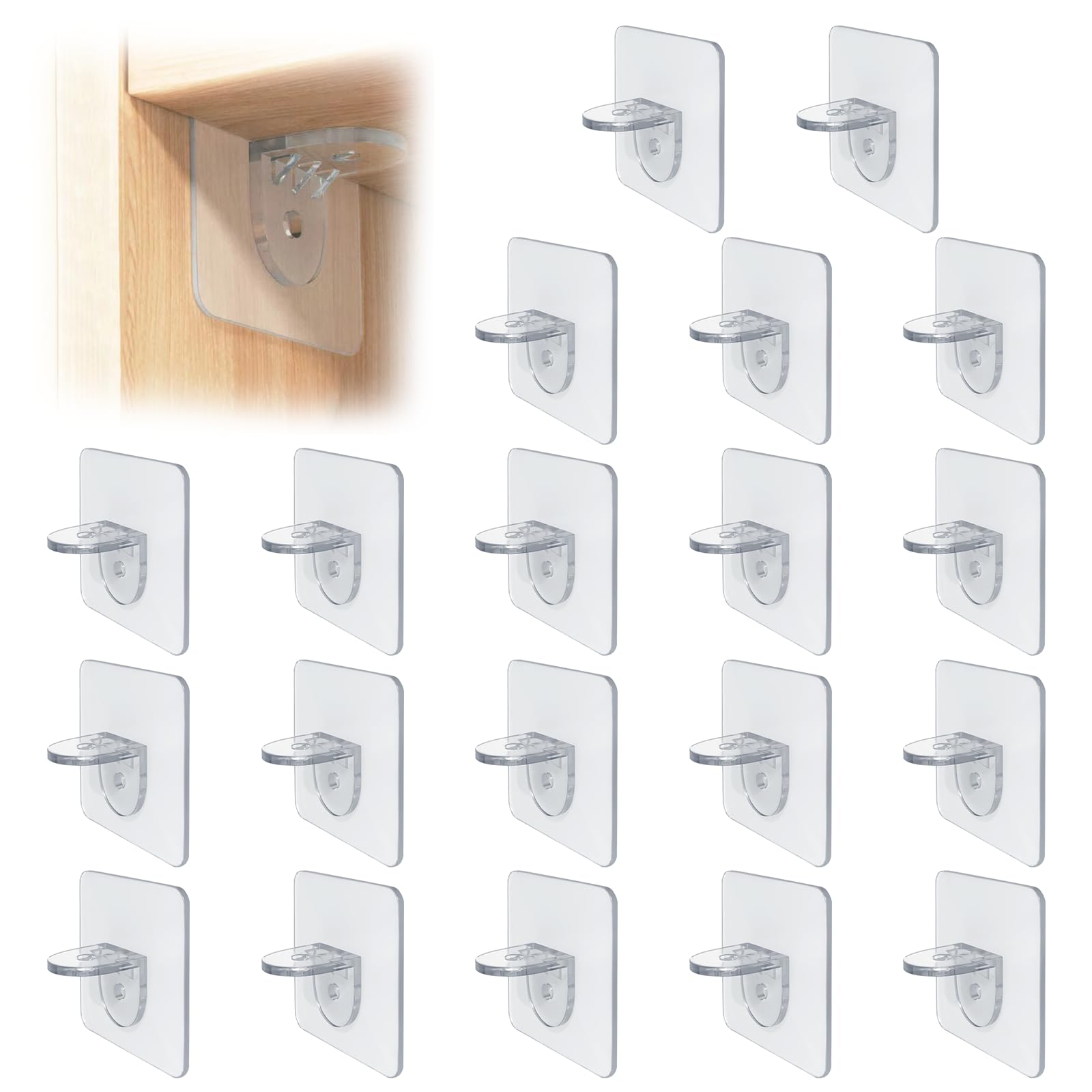 20 Pcs Shelf Support Pegs, Punch Free Shelf Support Brackets, Acrylic Self Adhesive Holder Bracket, L-Shaped Partition Holder Fixing Sticking Hook for Kitchen Book Shelves Wardrobes Cabinets