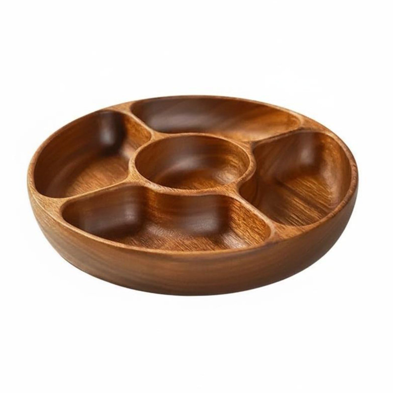 Fünfgeteilte Servierschale Holz Servierform Snackform Obstform Tapasplatte aus Akazienholz mit Glatter Oberfläche Und Ordentlicher Präsentation für Brunch Abendrunde, Fünf-Fächer-Platte