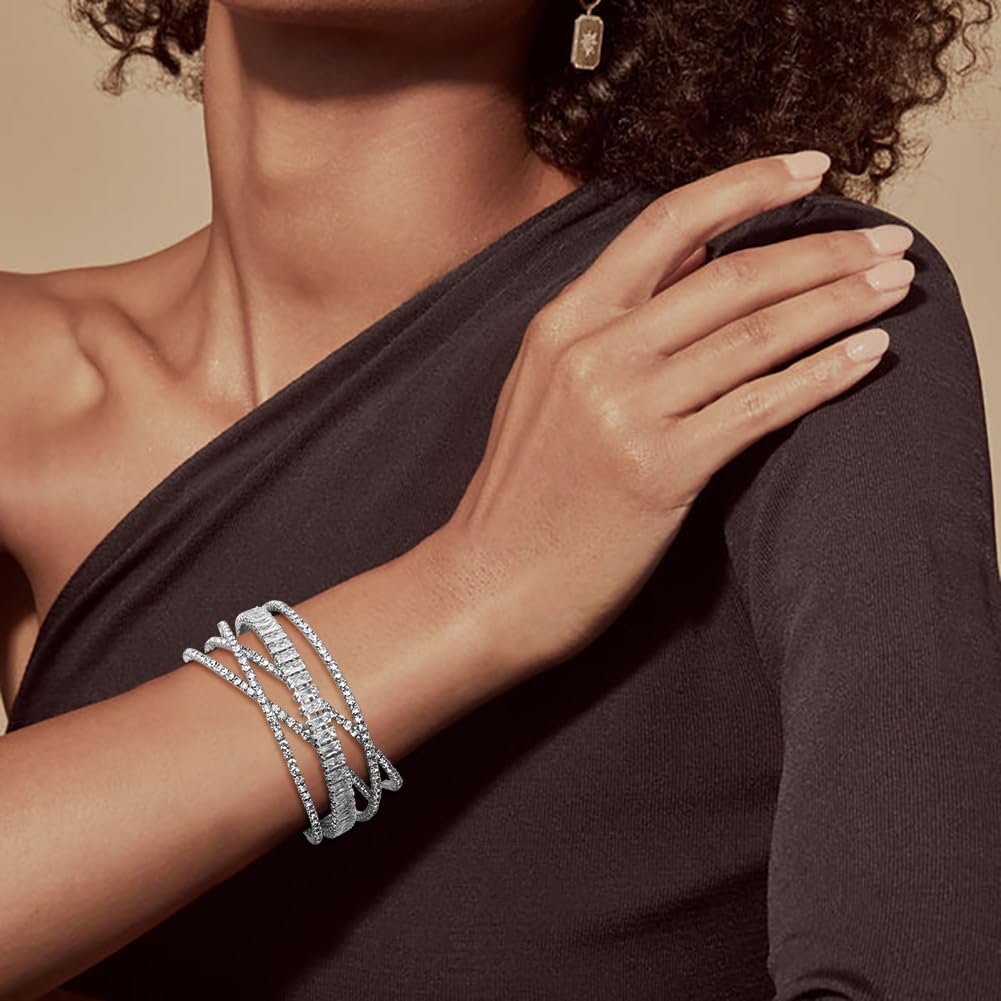 Rhinestone Bracelet for Women MultiLayer Crystal Cuff Bracelet Strand Layered Bracelet - Image 2