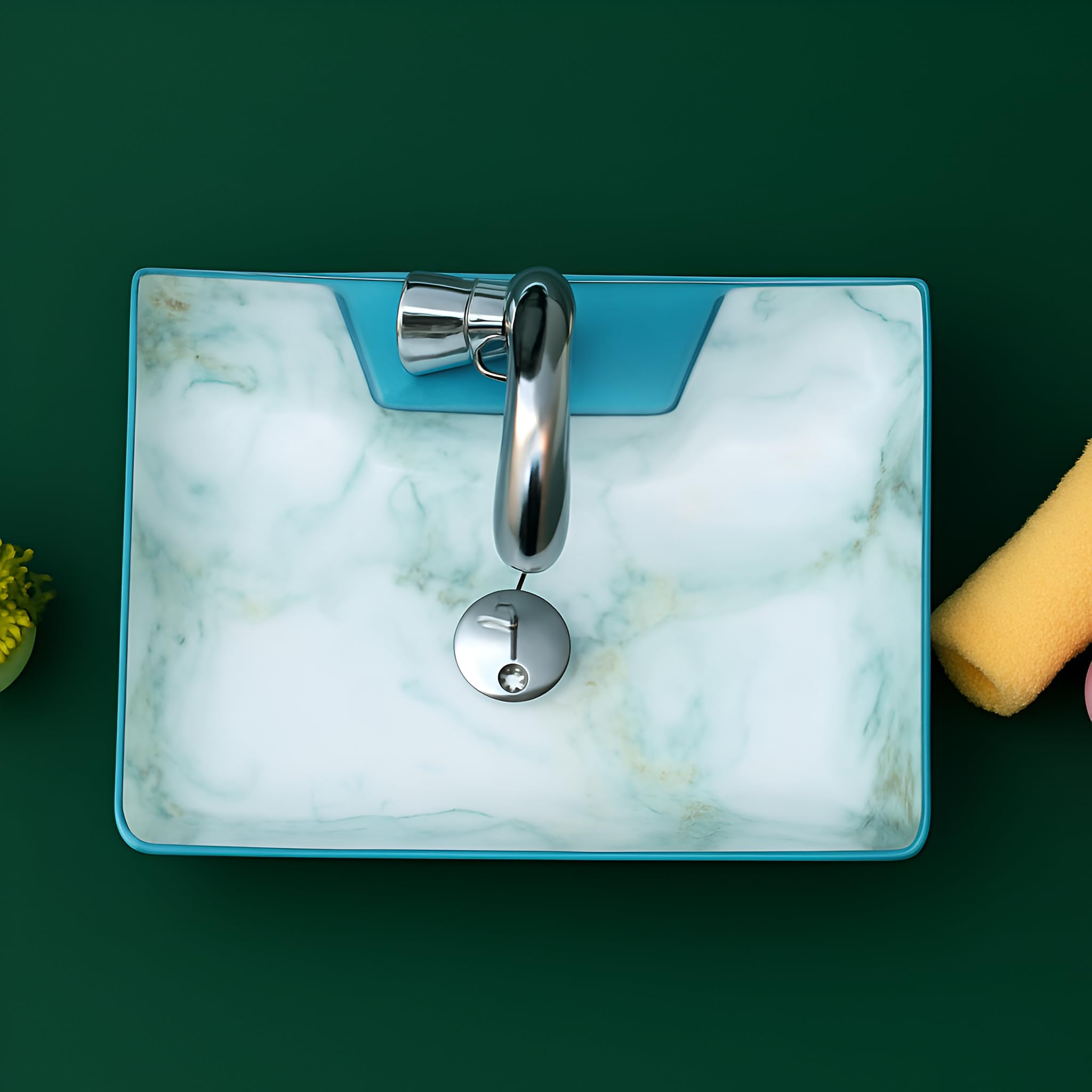 SEA SHORE Premium Ceramic Table Top Wash Basin β Slim Rim Vessel Sink for Bathroom/Living Room (20 x 15 x 5.5 Inch, Cyan & White)