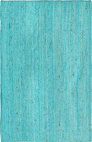 Image of Unique Loom Braided Jute Collection Area Rug - Dhaka (5' 1 inch x 8' Rectangle, Turquoise)