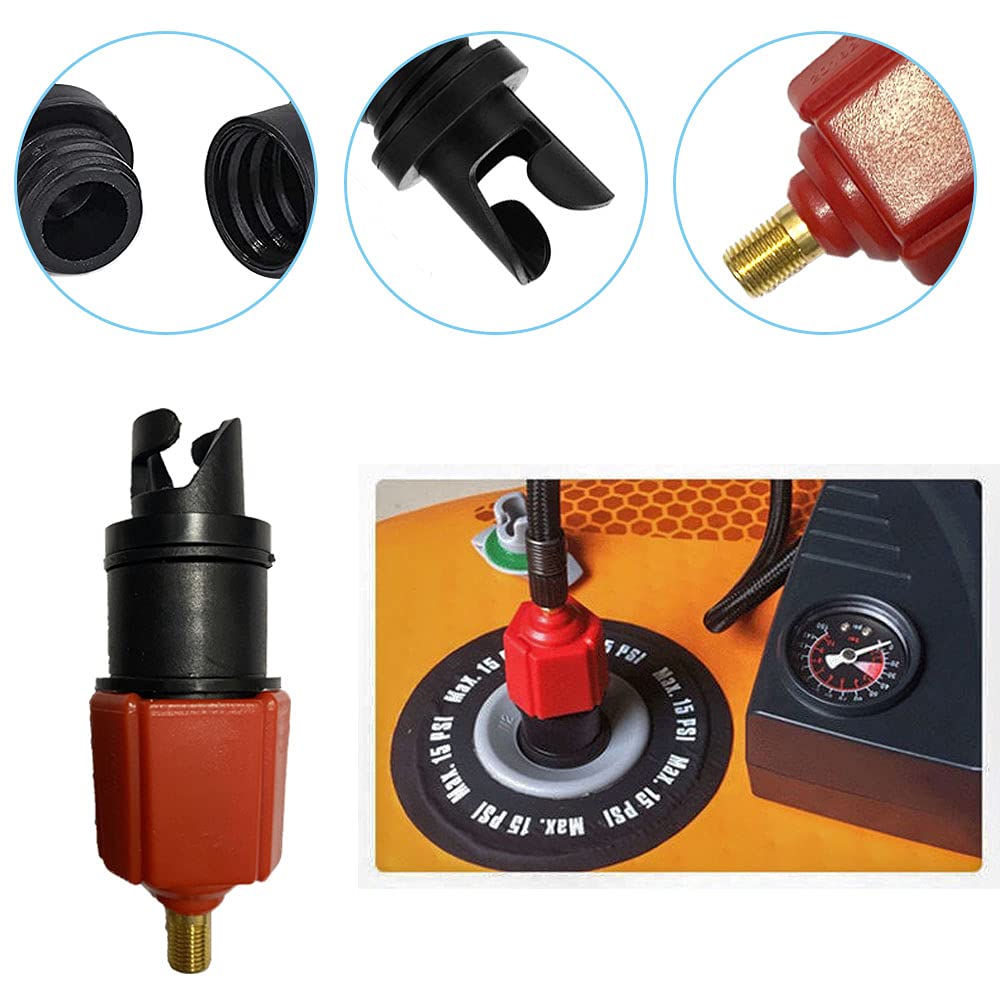 Adaptador de Bomba de Tabla de Paddle, Adaptador de Bomba Sup con Boquillas de 4 Válvulas para Kayaks/Bote Inflable/Tabla de Paddle Surf/Piraguas, Convertidor de Bomba de Aire Multifuncional (Rojo)