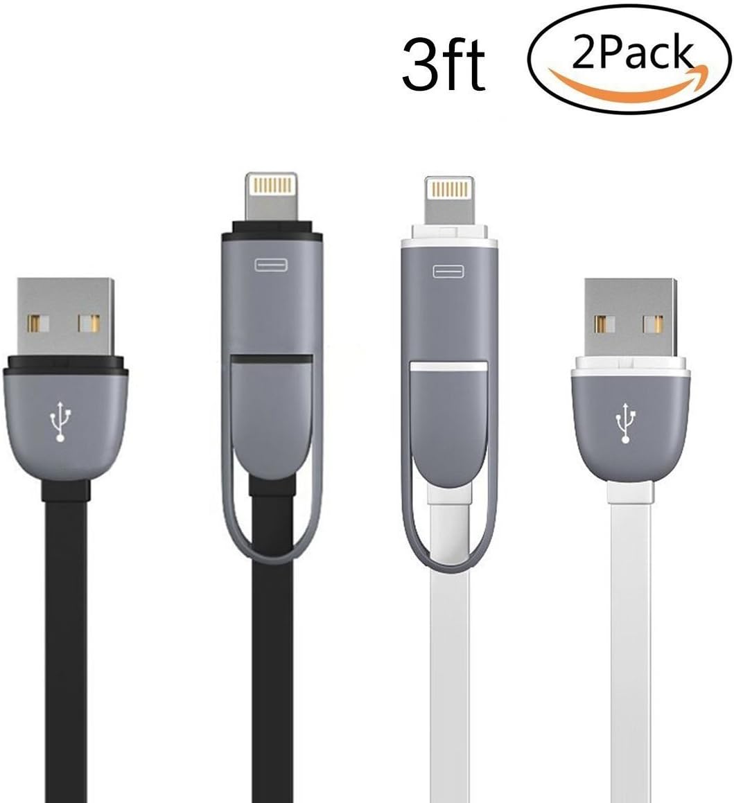 2 in 1 Cable 2 Pack 3ft Lightning & Micro USB Charging Cord for iphone 7 7plus 6 6plus 5 5s 5c,ipod 7,Ipad Air,Samsung, HTC, and Other Android Phone or Tablet (Black&white)