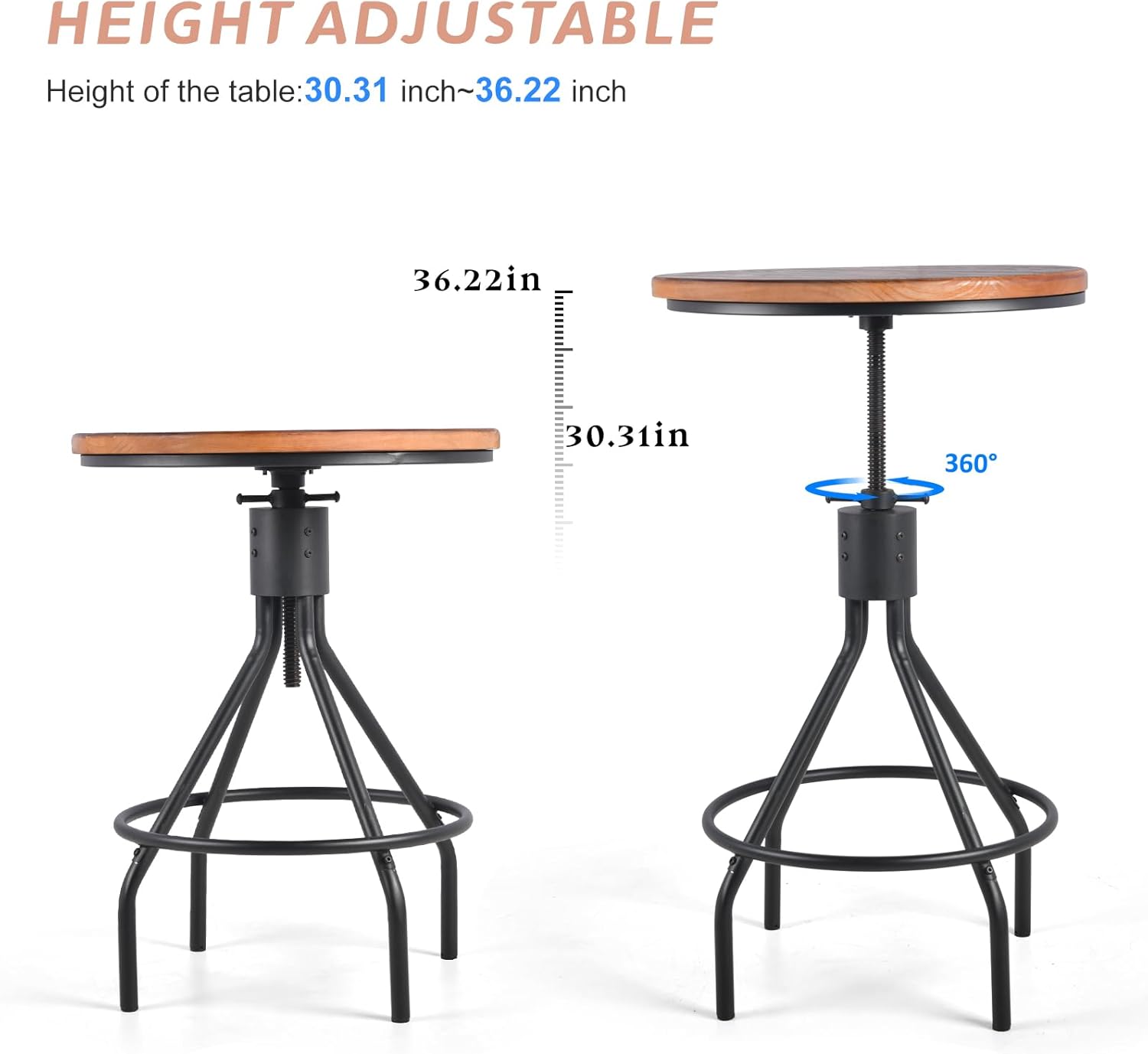 Industrial Bar Table, Counter Height 30-36inch Height Adjustable, Swivel Wooden Tabletop, Farmhouse Dinner Table for Home Kitchen，Vintage Display Stand