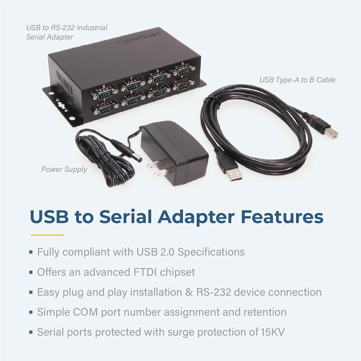 Industrial 8 Port USB to RS232 Adapter with FTDI Chip, High Speed 921.6kbps, Bus Powered, Connect Legacy Serial DB9 Devices (Printers, Scanners, POS Terminals) to Modern USB Systems