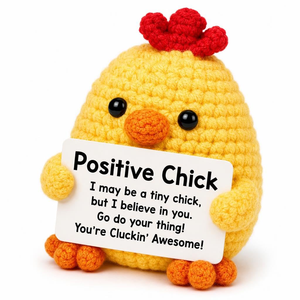 ALLGAYER 1 PC Positive Crochet Chicken Doll, Yellow Knitted Yarn Little Chick with Encouraging Message Card, Mini Emotional Support Plush Companion for Desk Display, Cheer Up Gift for Women Coworkers