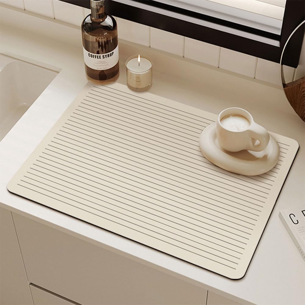 Odot Dish Drainer Mat, Non Slip Washable Drainer Mat Line Design Beige Dish Drying Mats for Kitchen Nanofiber Diatomaceous Earth Multifunctional Drying Mat (40x60cm,Cream)