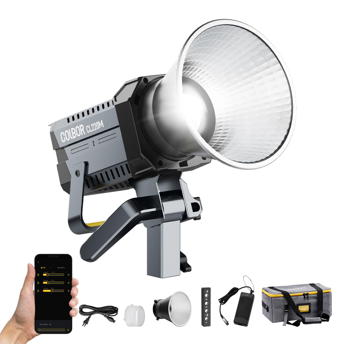 Video Light, COLBOR CL220M 220W Continuous Lighting 2700-6500K CRI96+ 58,100Lux at 3.3ft COB Studio Light with Bowens Mount APP for Film Live,