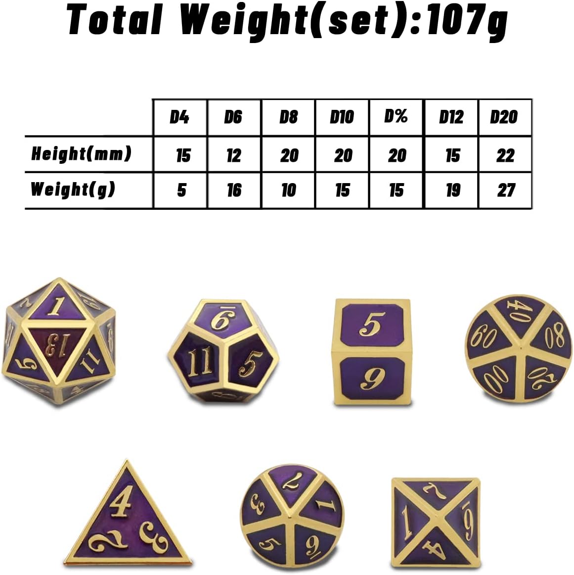 D&D Dice,DND Metal Dice,7 PCs Steampunk Polyhedral Dice Games Set for Dungeons and Dragons RPG,MTG,Pathfinder Tabletop Gaming,Golden Purple OW Dice Set D20 D12 D10 D8 D6 D4 D%