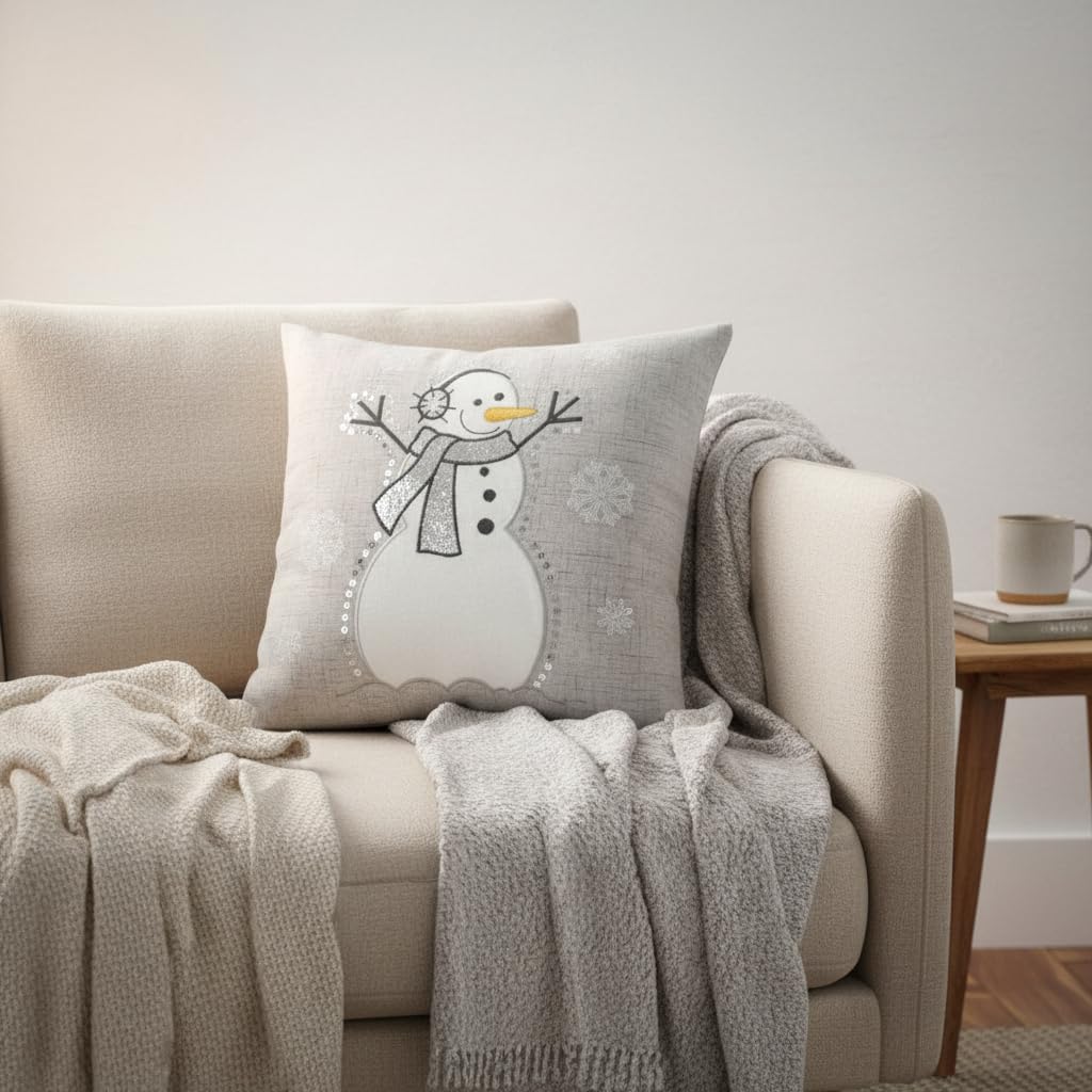 Comfy Hour 35 cm x 35 cm zimowy Boże Narodzenie bałwan w szaliku i słuchawkach płatek śniegu akcent poduszka sezonowa poduszka