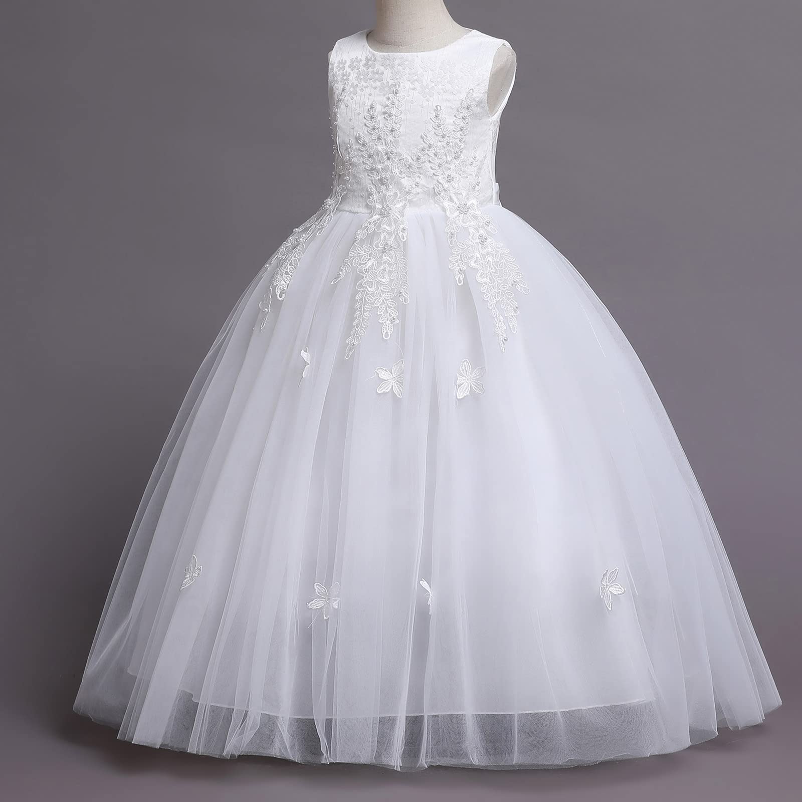 IWEMKE Enfants Filles Robe Mariage Tulle Dentelle Robe Princesse Longue Fleur Brodée Soirée Demoiselle d'honneur Robe Tutu sans Manches pour Pageant Baptême Fête Anniversaire Carnaval 3-12 Ans
