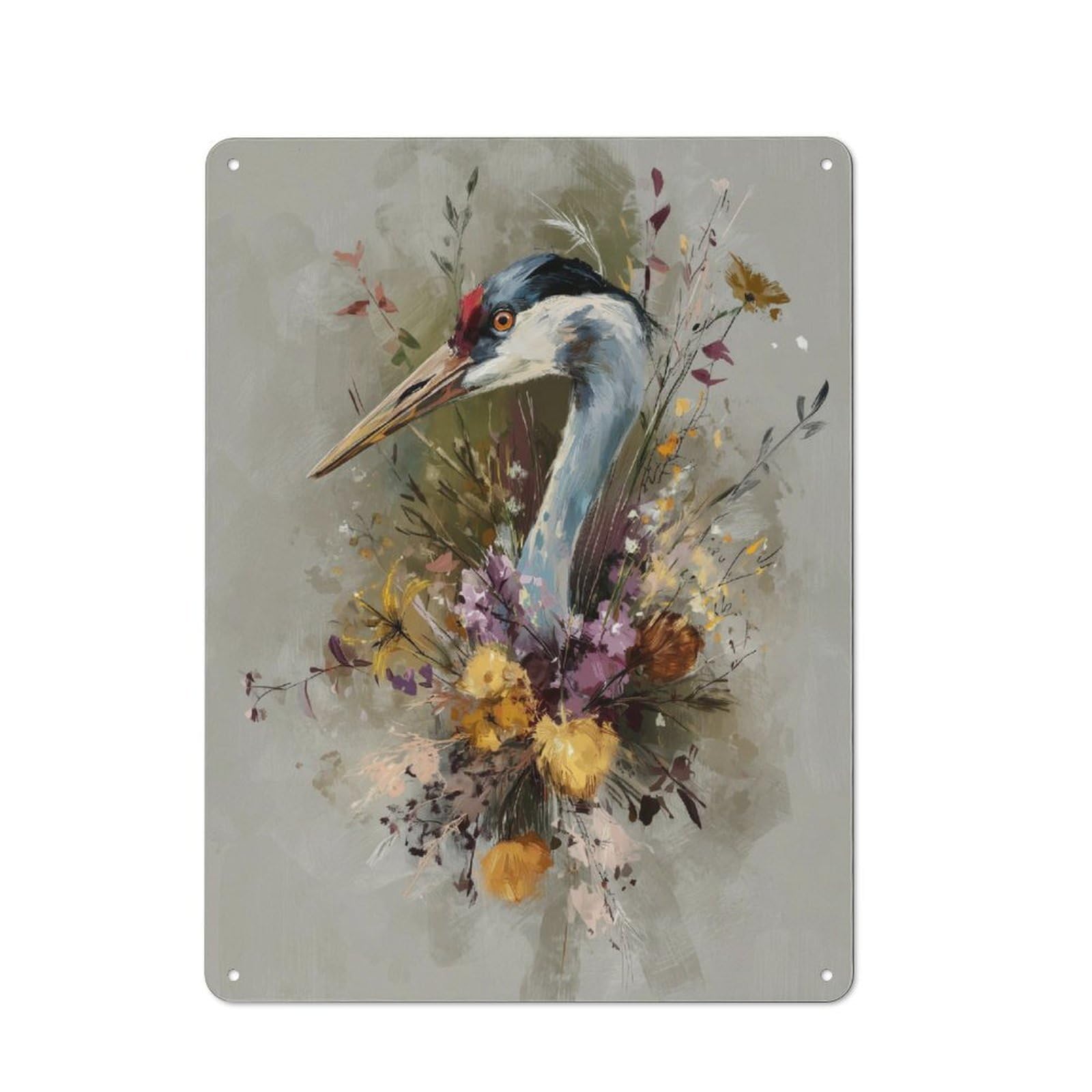 Junmoney Crane & Wildflowers Printed Metal Sign 40X30cm For Studio Or Craft Room, For Creative-Space Collectors