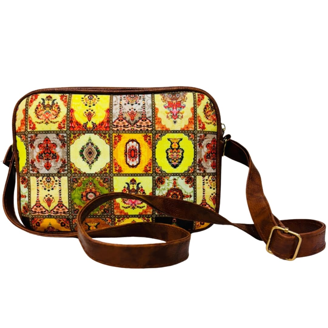 NatureInnovate Printed Handicrafted Canvas and Vegan Leather Three Line Zipper Crossbody Sling Bag For Girls and Women | Everyday Bag | Boho Bag (Yellow Mughal Doors) (B0DFGFJGMB) Amazon Price History, Amazon Price Tracker