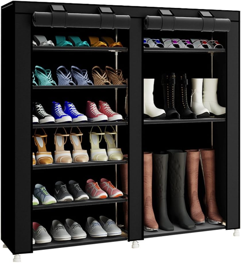 FKUO 43.3-inch 7-Layer 9-Grid Black Non-Woven Fabrics Large Shoe Rack Organizer Removable Shoe Storage Shoe Racks for Home Furniture Shoe Cabinet (Black B)