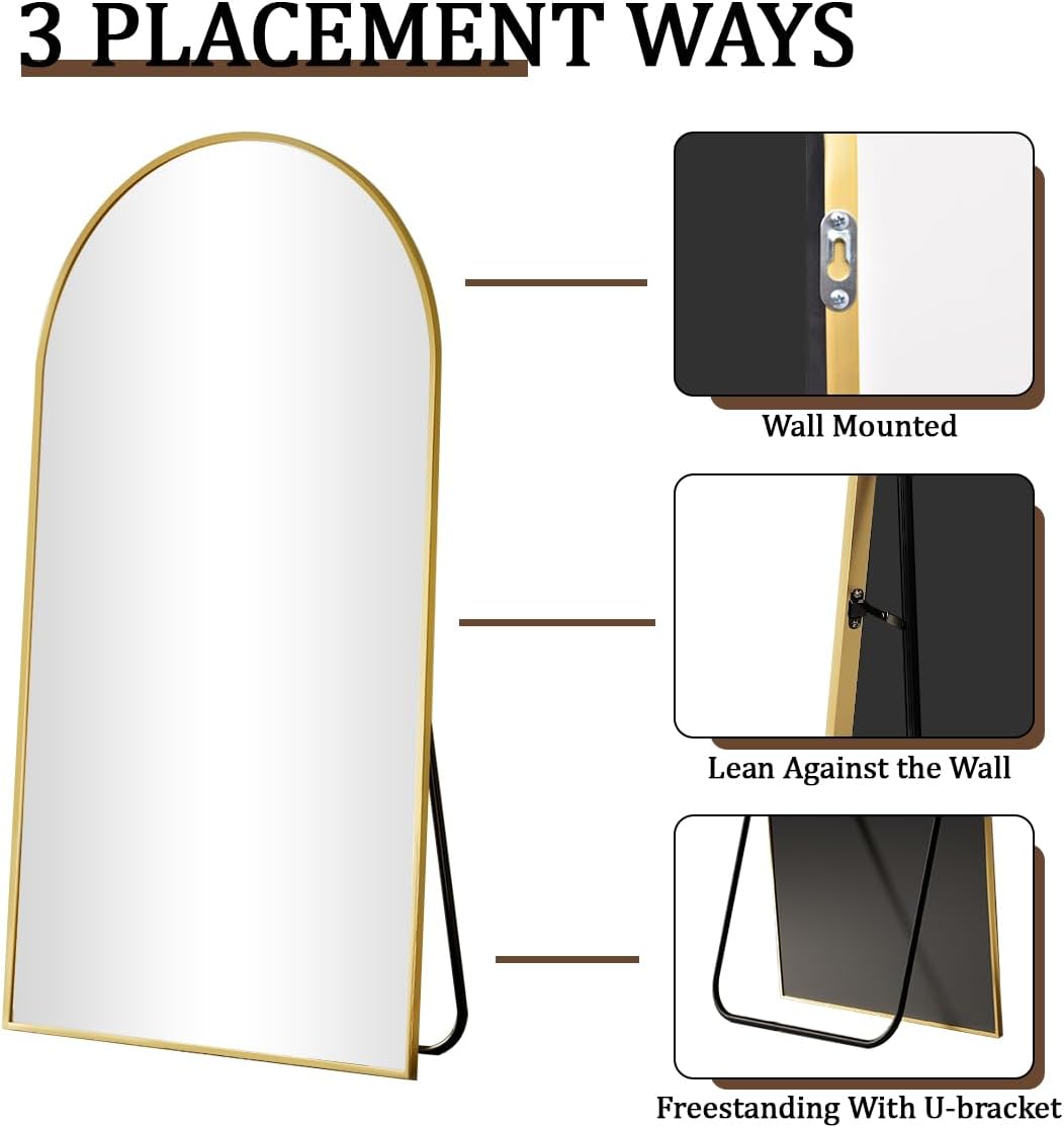 VooBang 24 x 65 inch Arched Full Length Mirror, Gold Arch Floor Mirror Full Length with Stand, Full Body Standing Mirror for Living Room, Bedroom, Hanging or Leaning Against The Wall - Image 4