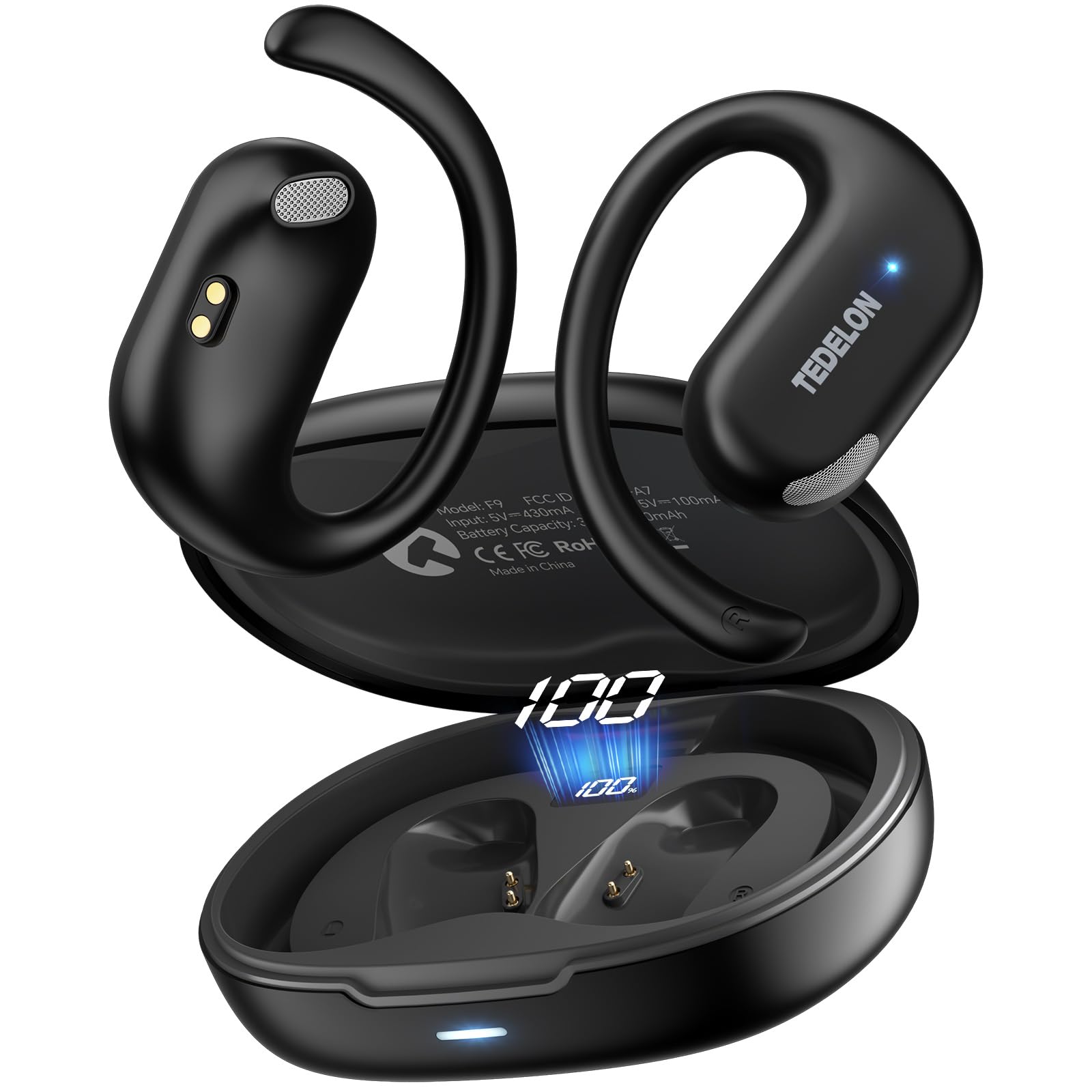 Open Ear Headphones Bluetooth 5.4: 50H Playtime, 16.2mm Drivers, Wireless Earbuds with Earhooks, IPX6, Digital Display, Touch Control, Clear Calls, Comfort-Fit for Running, Cycling, Workouts
