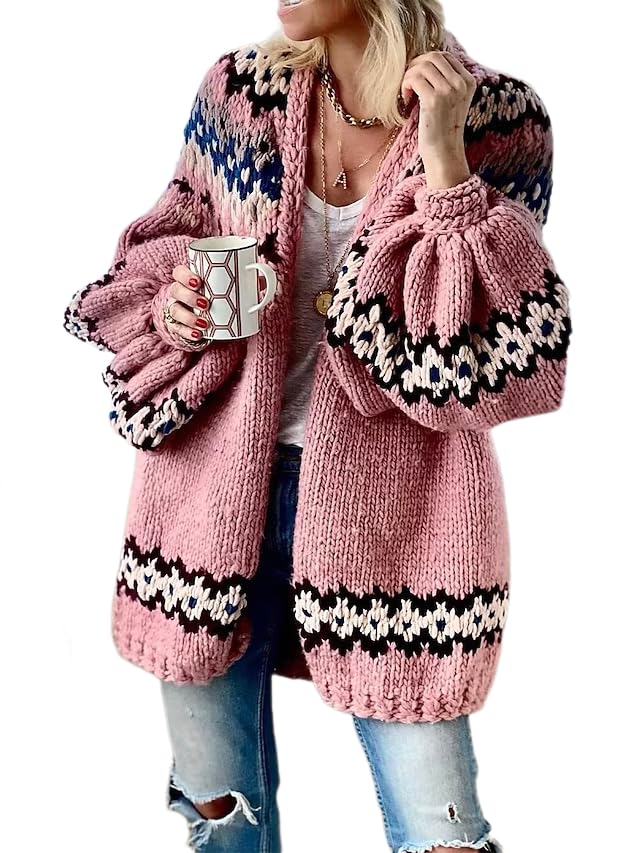 Womens Fall Casual Patterned Cardigan Sweater Oversized Open Front Chunky Knit Jackets Coat