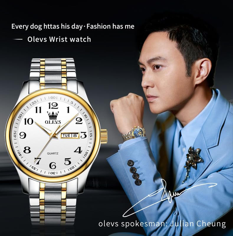 OLEVS Watches for Men Classic Silver Fashion Male Watch Two Tone Stainless Steel Business Dress Casual Wrist Watch Calendar Waterproof Blue White Black Date Dial - Image 7