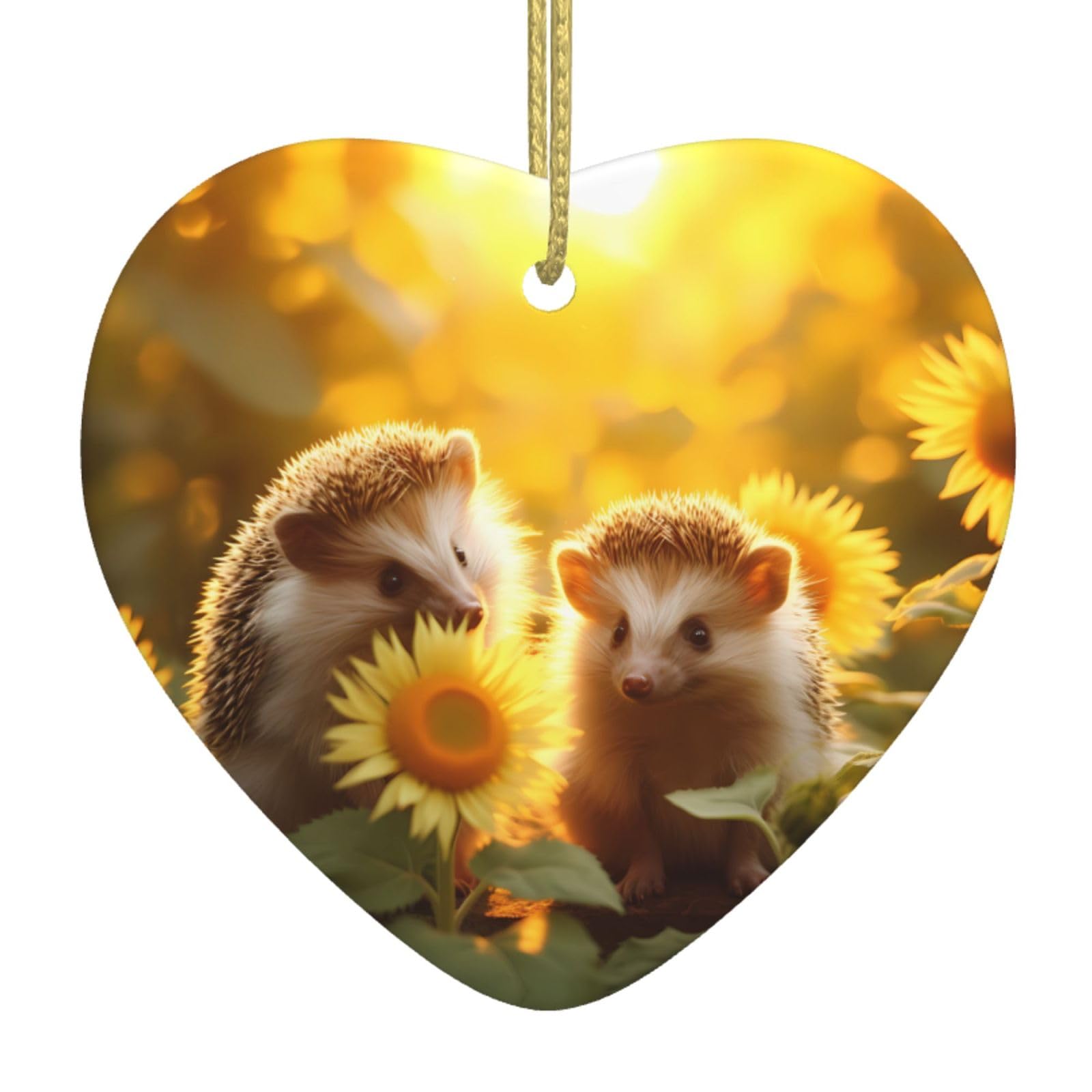 Poezjzw White Sunflower And Hedgehog Pattern Ceramic Christmas Ornament Heart Hanging Pendant Gifts For Xmas Holidays, Ornaments For Home Decor