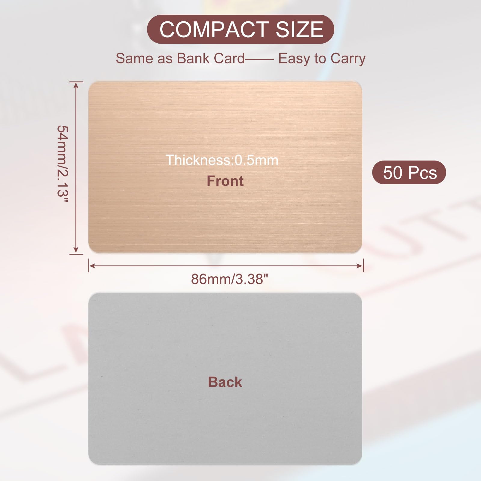 PATIKIL Cartes De Visite En Métal Acier Inoxydable 0.5mm, Lot De 50 Cartes revêches Brossées Pour Gravure Laser, Cadeau DIY, Rose Gold