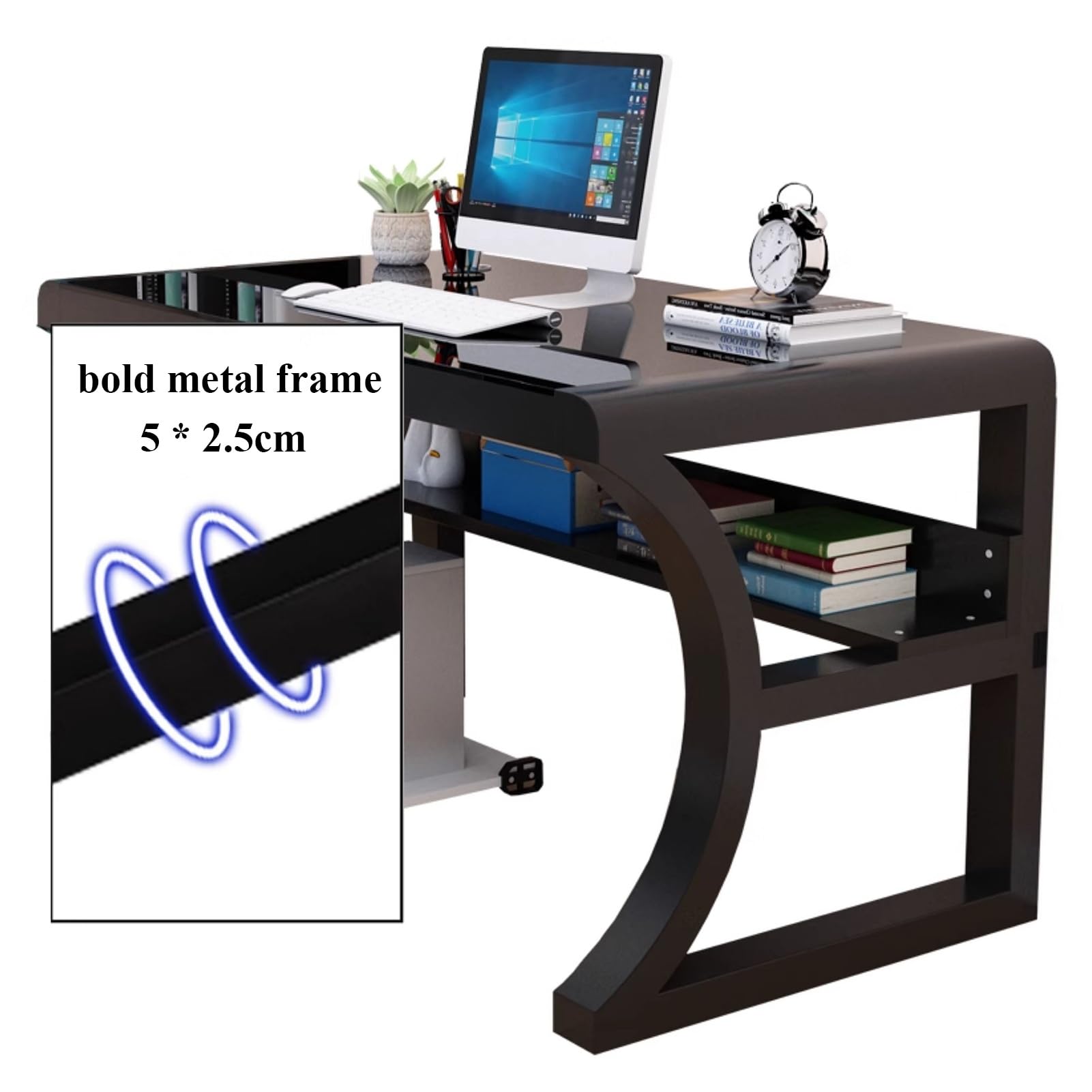 Escritorio de Cristal Templado for Ordenador, Escritorio Oficina con Estructura metálica, Estudio for en casa o Espacio Trabajo(White+Black,31.4'')
