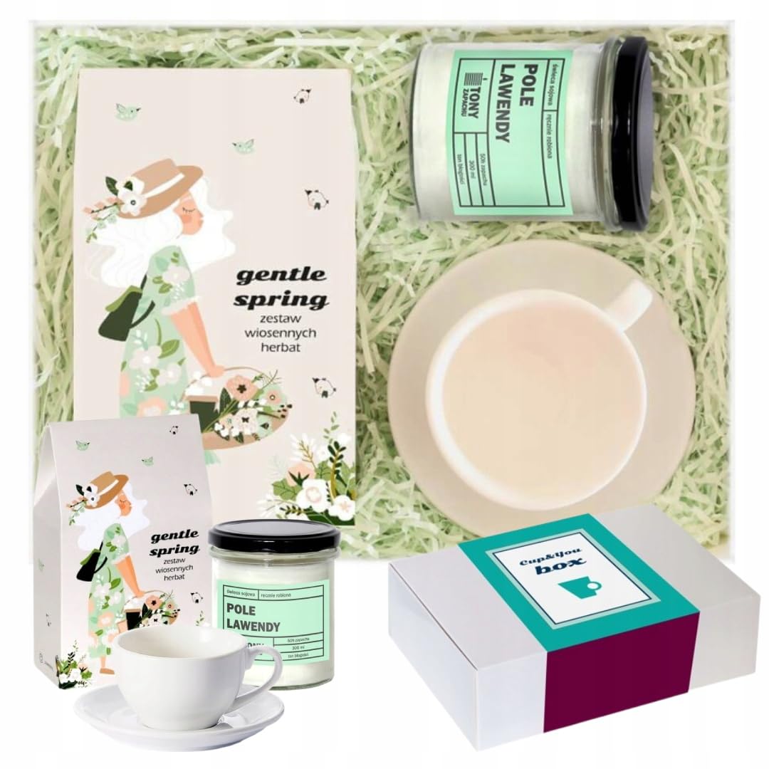 Wiosenny Box GENTLE SPRING - zestaw wiosennych herbat z zaparzaczem, biała filiżanka ze spodkiem, świeca sojowa POLE LAWENDY - na prezent upominek