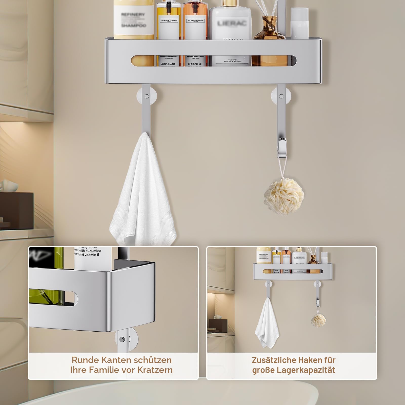 Ajex Duschablage zum Hängen, Duschregal ohne Bohren Edelstahl Badezimmer Organizer Shampoo Halterung Duschkorb Halterung Shower Shelf Mit 4 Haken und Zwei Körbe Für Rahmenlos Glastür