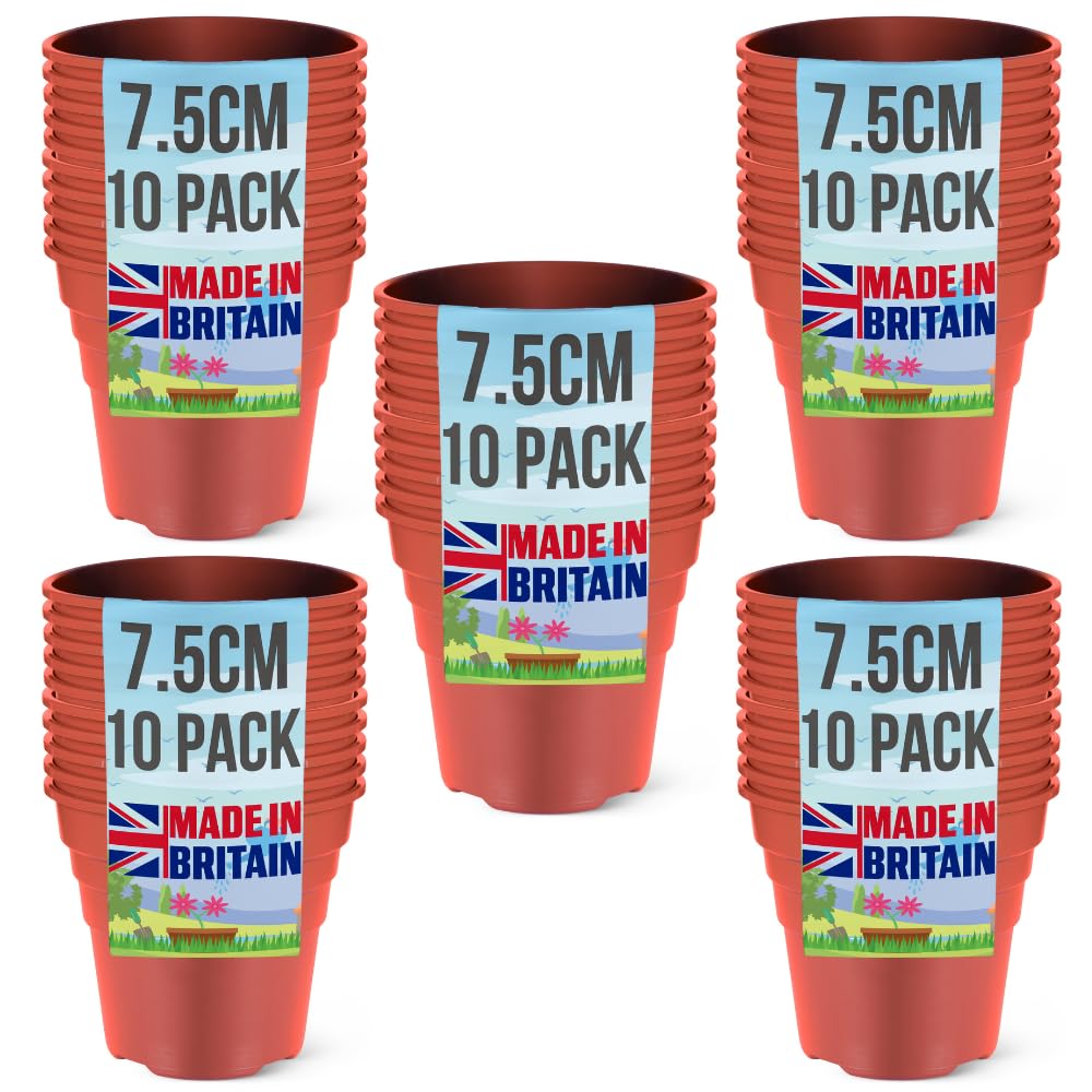 Happy Pots Premium Plastic Plant Pot 7.5cm - Nursery Pot - 50 Pack - Made in UK - Recyclable - With Drainage Holes - BPA Free Terracotta