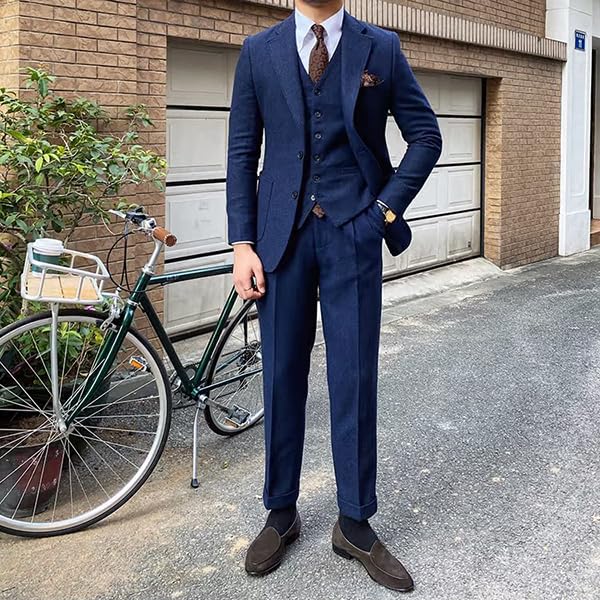 SevenBoy Men's 3-Piece Herringbone Suit Classic Gray Business Formal Wear Slim Fit Jacket with Vest and Pants4