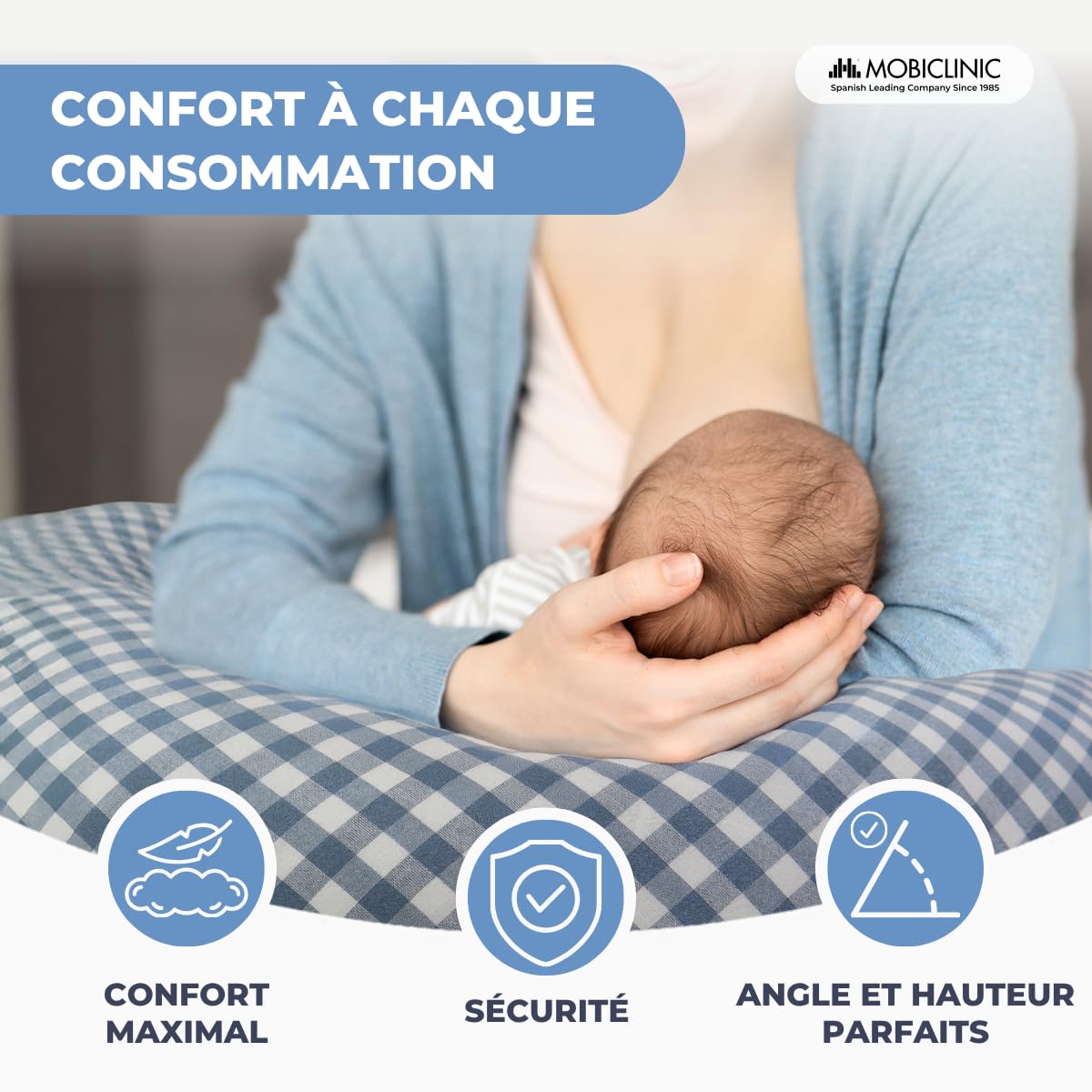 Mobiclinic®, Coussin Allaitement et Grossesse XXL, 3 en 1, Housse 100% Coton, 150 cm, Sangles Réglables, Multifonction, Aura, Amovible et Lavable, Multi-Position, Vichy Print
