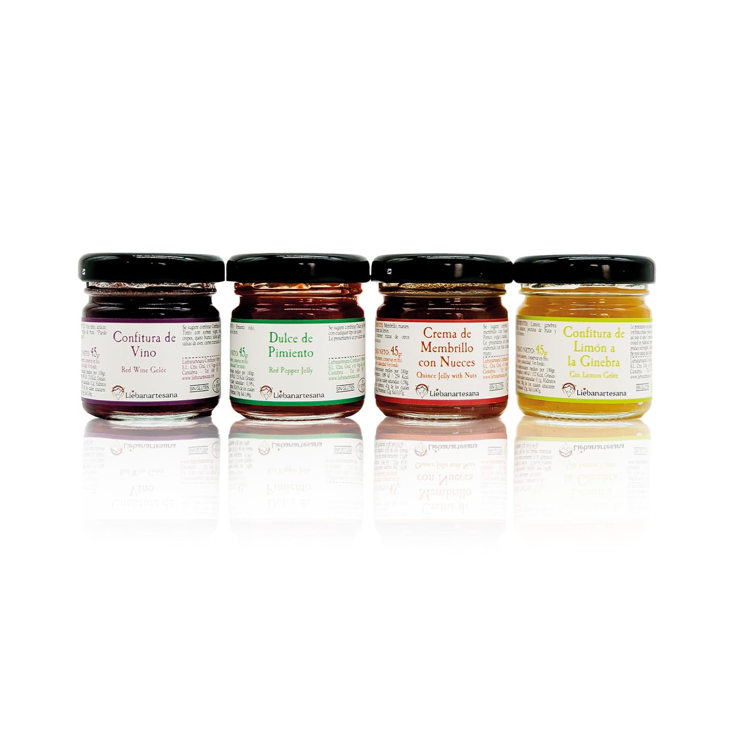 LIEBANARTESANA Pack 4x45g Especial Quesos | Confitura de Vino, Pimiento, Membrillo con Nueces y Limón a la Ginebra | Natural y Tradicional de Cantabria