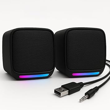 USB Computer Speakers – 6W Stereo Sound with Multicolor LED Lights | USB Powered PC Speakers with AUX & Volume Control for Laptop, Desktop, and Monitor (M11 CS)