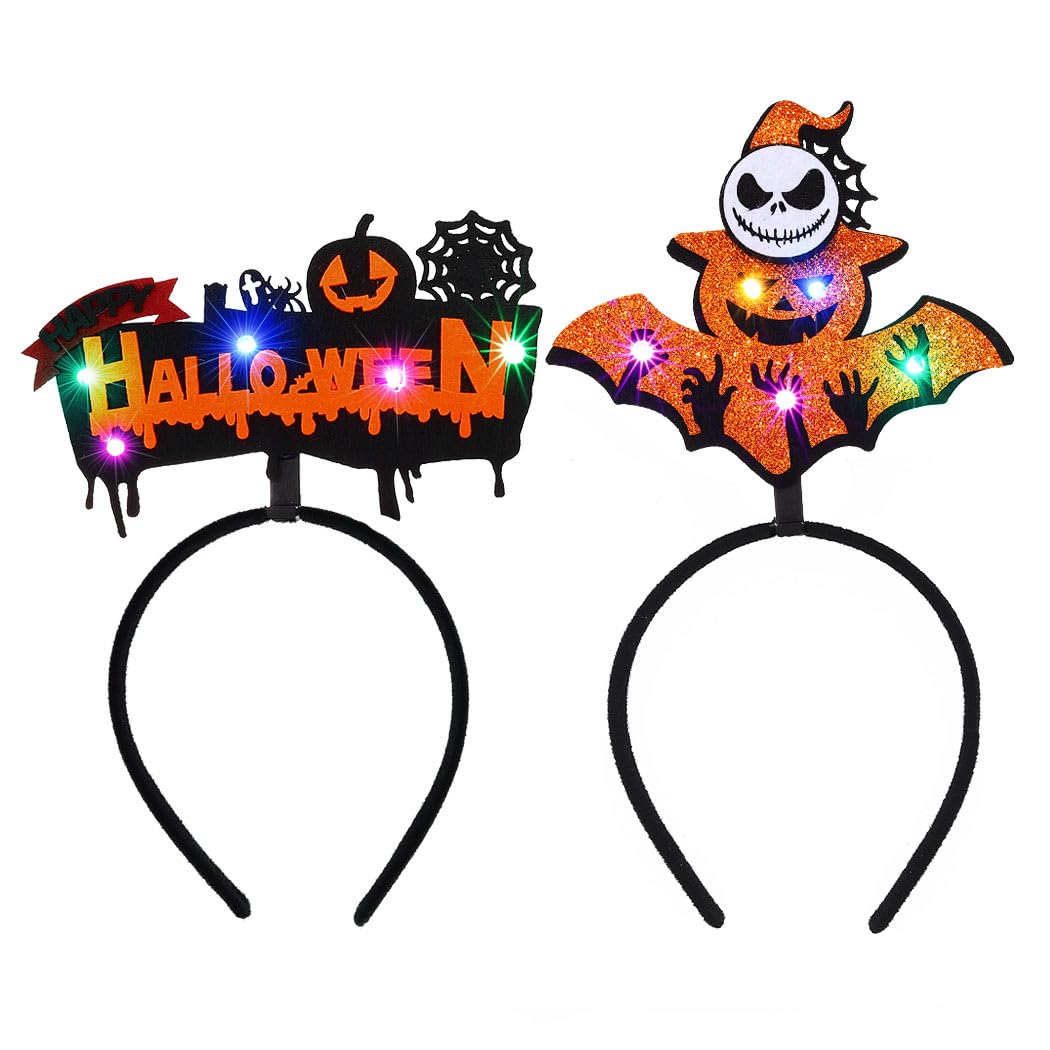 Zoestar LED Halloween Headbands Light up Glowing Headband Pumpkin Black Cat Hair Hoops Spider Web Ghost Party Costume Hair Accessories for Women,2 Pcs (Style 1)