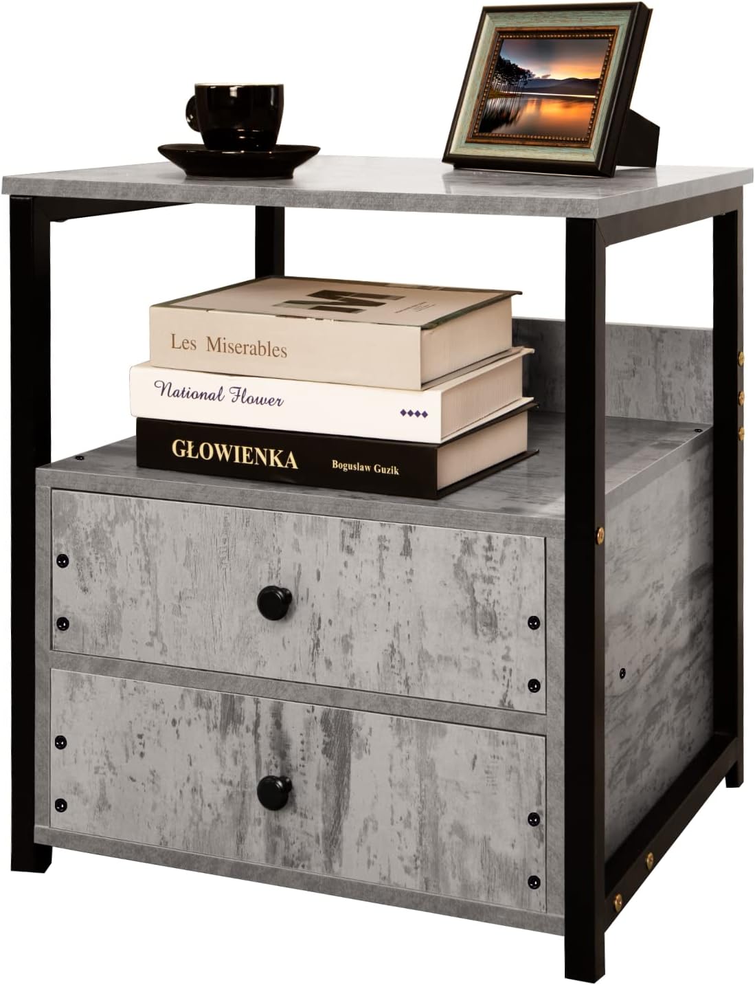 Nightstand,Medium Bedside Table with 2 Drawer, Retro Stone Grey Nightstand with 2 Storage Shelves, Industrial Nightstands for Bedroom, Modern Bedside Closet Organizer,Gray/Black 19.6" H : Home & Kitchen