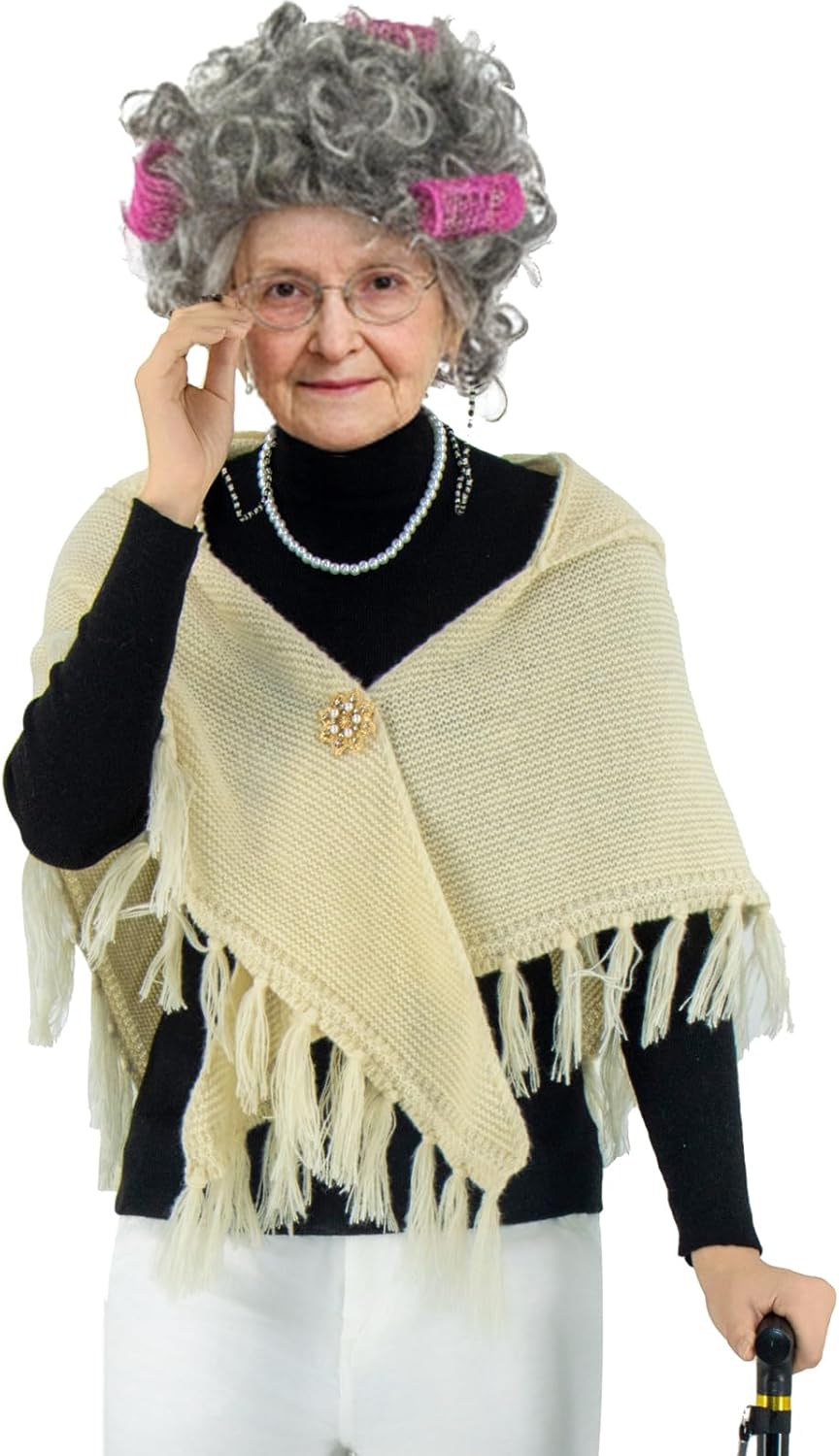 Old Lady Costume Kit for Women Wig Knitted Shawl Brooch Necklace Glasses Cane Halloween 7pcs Granny Cosplay Set