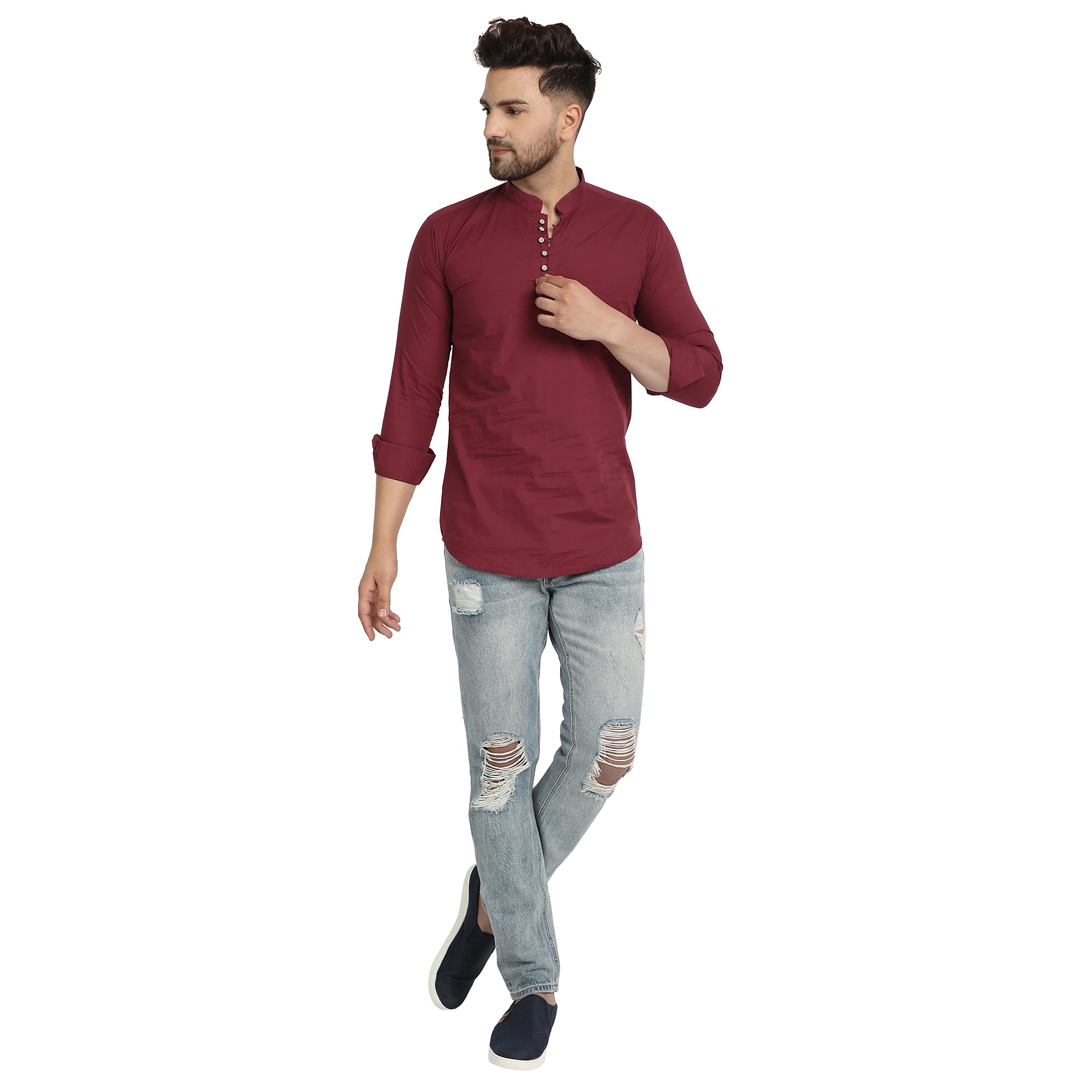 Majestic Man Cotton Solid Slim Fit Casual Short Kurta For Men (X-Large, Maroon) 2