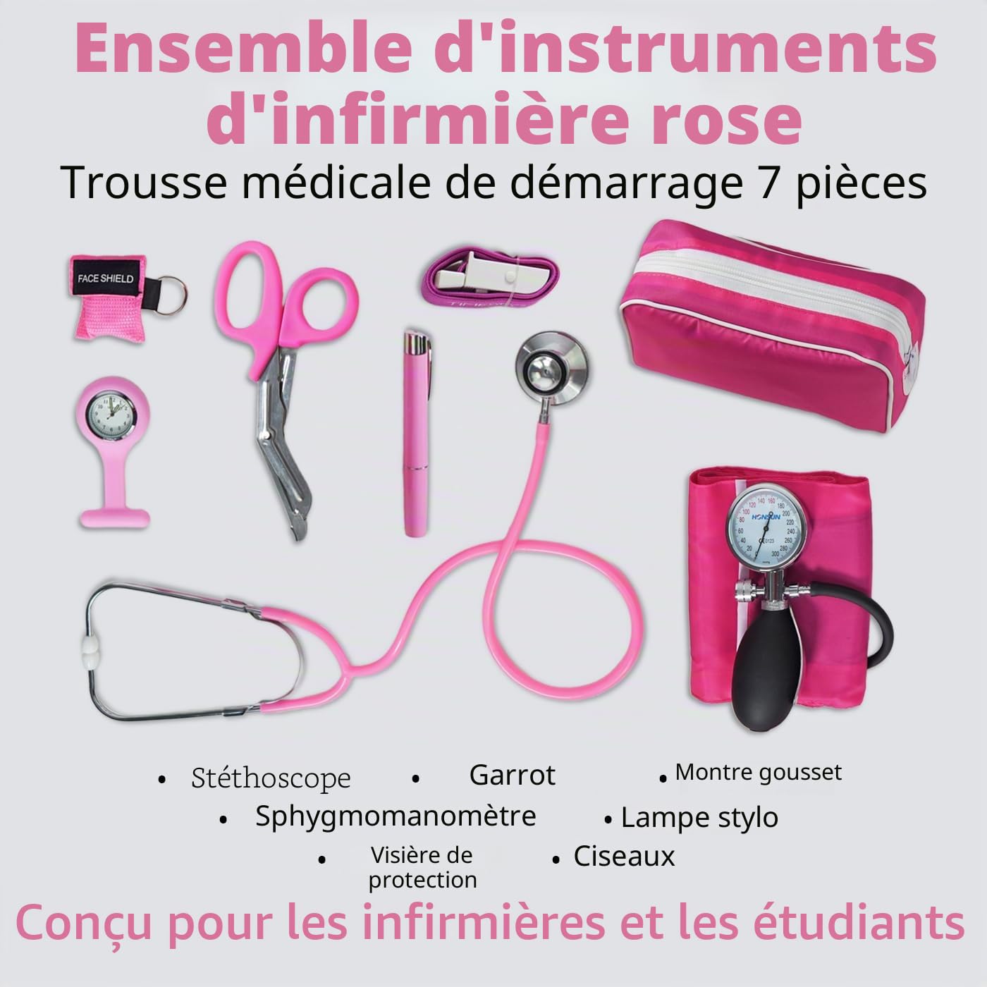 Ensemble d'instruments d'infirmière rose – Kit médical 7 pièces avec stéthoscope, manchette BP, montre et plus – Idéal pour les infirmières et les étudiants