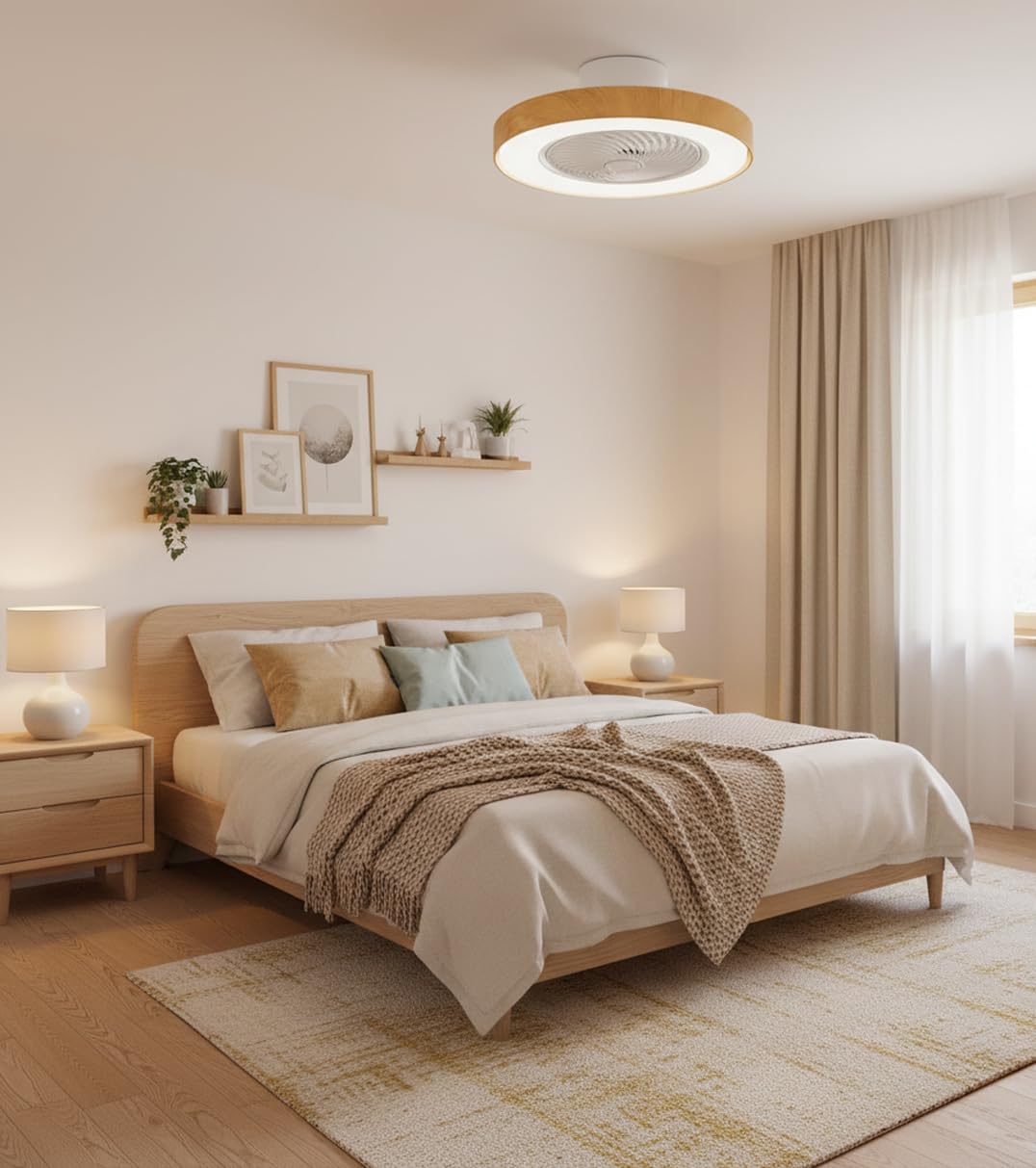 BEL AIR HOME - Ventilador Plafón CATHAY Motor DC - Luz LED 72W Mando a Distancia - Rejilla Giratoria Eficiente Ventilación de 4 Velocidades para Verano - Plafón LED para Invierno (BLANCO MADERA)