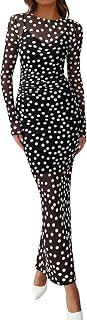 BTFBM Women's 2026 Spring 2-Piece Polka Dot Long Sleeve Bodycon Mesh Dress with Slip Dress - Sexy Club Wedding Outfit
