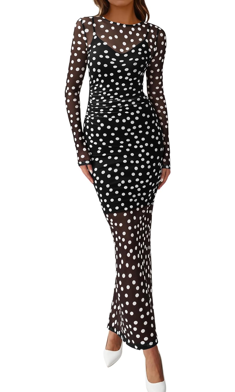 BTFBM Spring Dresses for Women 2026 2 Piece Set Long Sleeve Polka Dot Sexy Bodycon Mesh Dress and