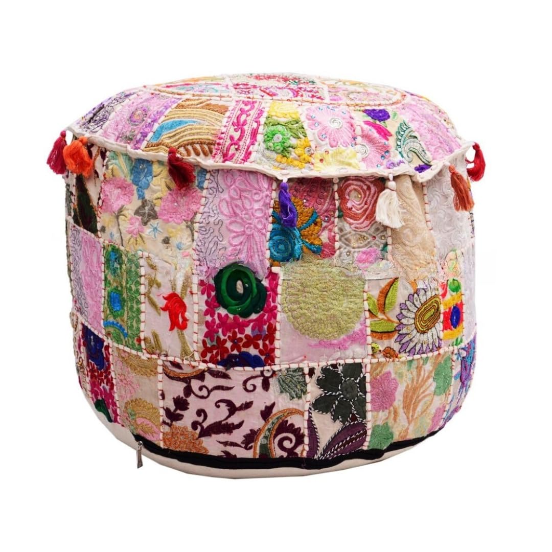 Trade Star Exports Embroidery Patchwork Pouf Cover Indian Vintage Ottoman Pouf Handmade Decorative Footstool Cover Boho Round Floor Pillow Hippie Christmas Decor (Pattern 2)-image-28