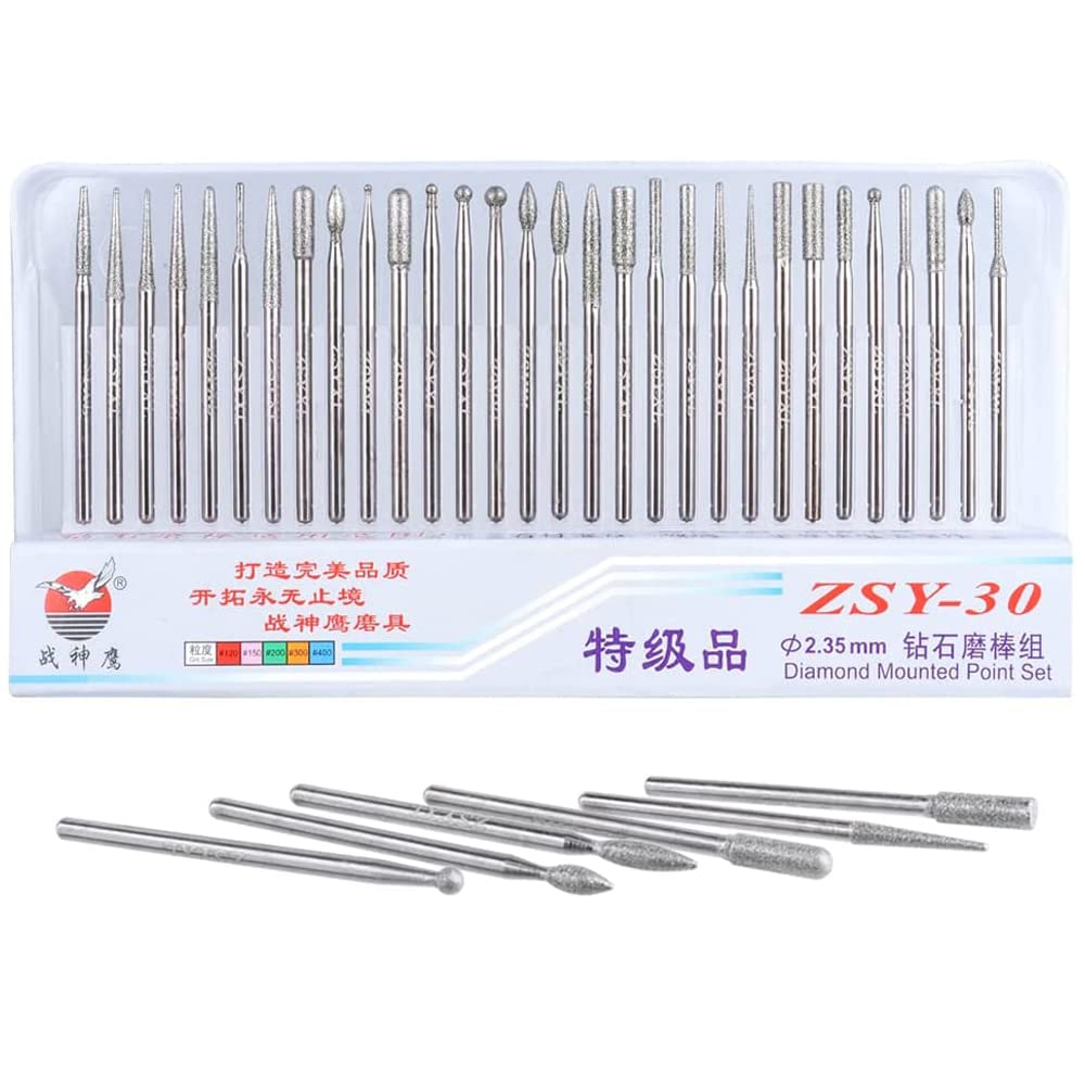 Wolfride 30Pcs Diamond Burr Set Diamond Drill Bit 2.35mm Shank for Gemstone, Sea Shell, Glass, Ceramic, Metal — Amazon image 6